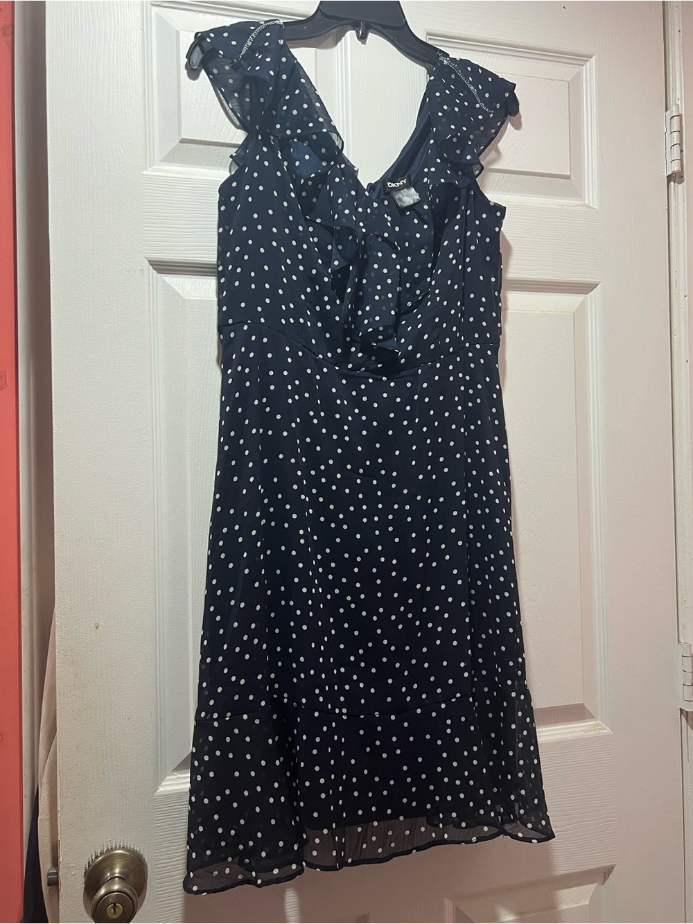 DKNY Navy Blue Polka Dot Midi Dress with Ruffle Neckline